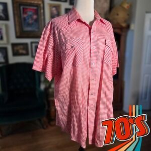 Vintage 70s Sheplers Mens Red Gingham Western Pearl Snap Short Sleeve Shirt